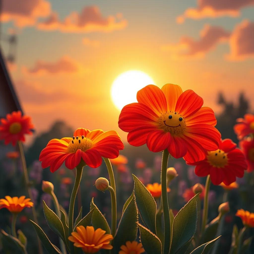 The red and yellow flowers returning home under a sunset sky, looking content and happy, their petals glowing, warm light, heartwarming digital art