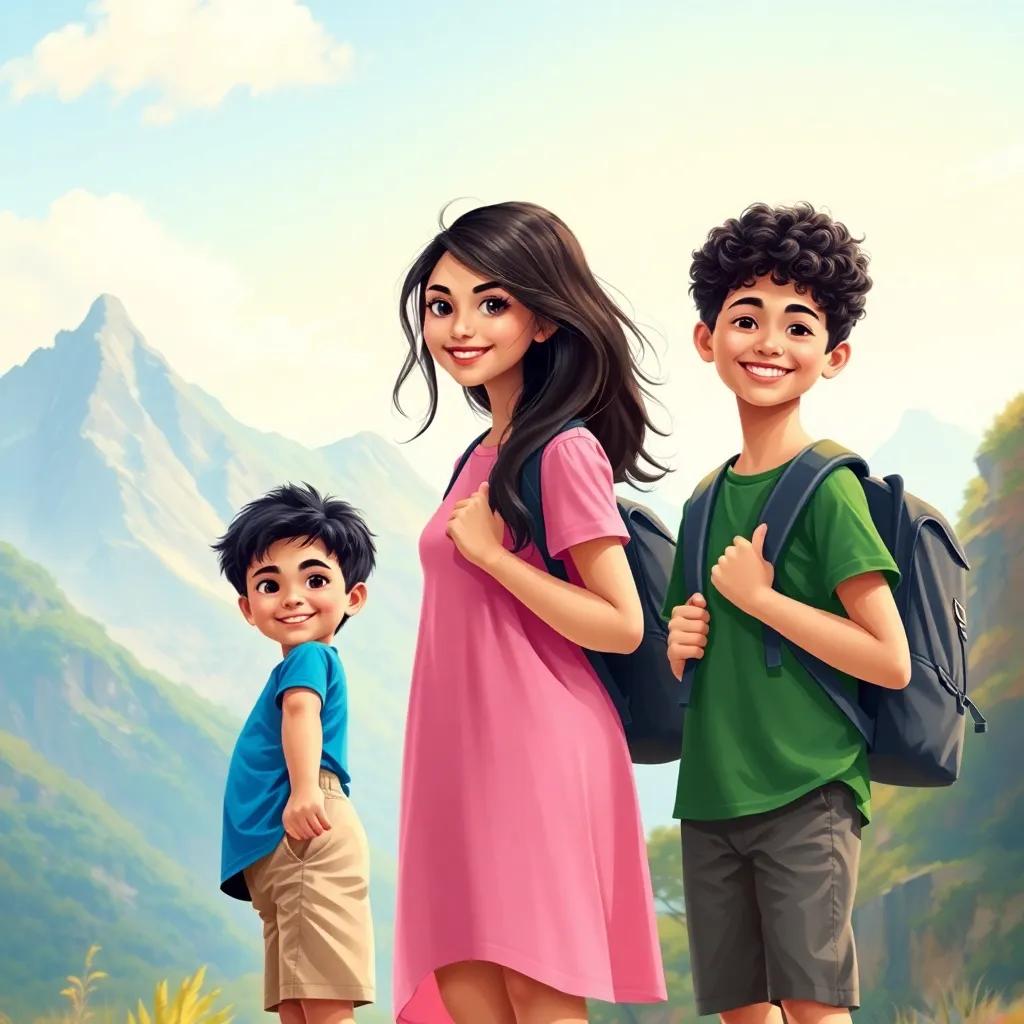 Three friends, Sami, a young Arab boy with short black hair wearing a blue t-shirt and beige shorts, Lina, a young Arab girl with long dark hair wearing a pink dress, and Ali, a young Arab boy with curly black hair wearing a green shirt, standing at the base of a mountain with backpacks and smiles, during a bright sunny day, digital art, vibrant colors, cheerful atmosphere, high quality