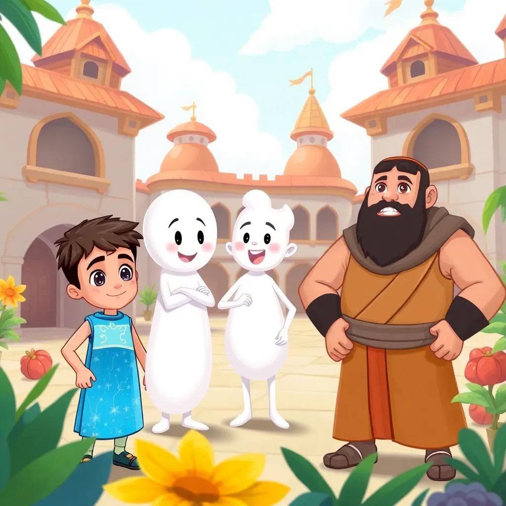 Three friends in the Kingdom of Matter, Salim the Liquid, Safi the Gas, and Thabit the Solid, gathered in the kingdom's square. Salim is a young boy with sparkling blue eyes, wearing a watery blue tunic. Safi is a light, airy character, depicted as a soft white figure with a playful expression. Thabit is sturdy and bright, illustrated as a solid boy with a strong stance, adorned in browns and grays, surrounded by nature, digital art, colorful, lively, inviting atmosphere, high quality