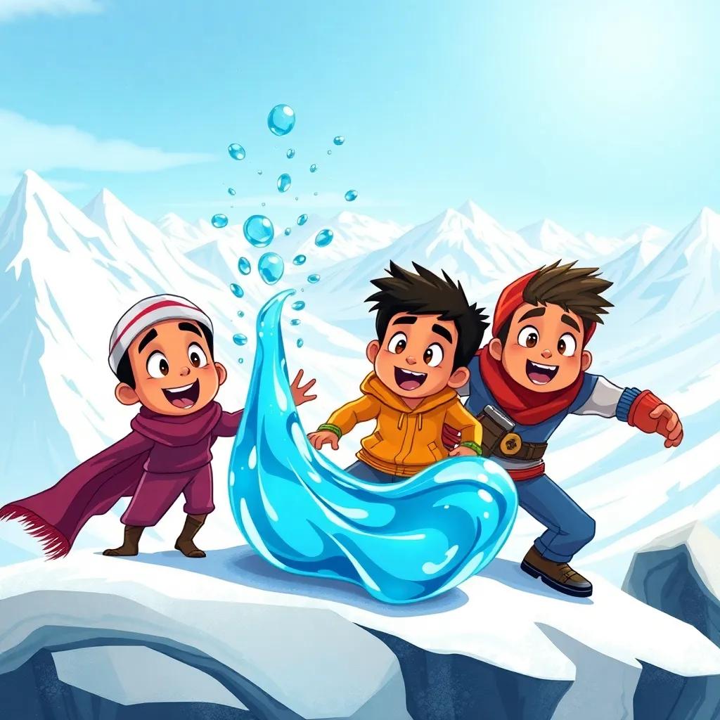 The friends at the icy mountain top, with Safi gas transforming into droplets, Salim sliding as a liquid, Thabit looking strong beside them. The background shows a cold, snowy landscape with icy mountains, capturing their expressions of excitement and surprise, digital art, vibrant colors, dynamic, engaging visuals, high quality
