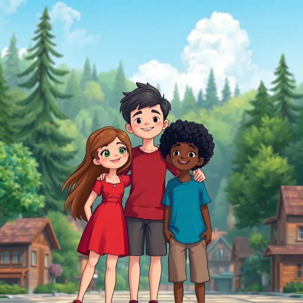 A small town with three friends: a girl with long brown hair wearing a red dress, a boy with short black hair in a blue shirt, and a girl with curly black hair in a green shirt, standing together with excitement in front of a forest, art illustration, bright colors, cheerful atmosphere, high quality