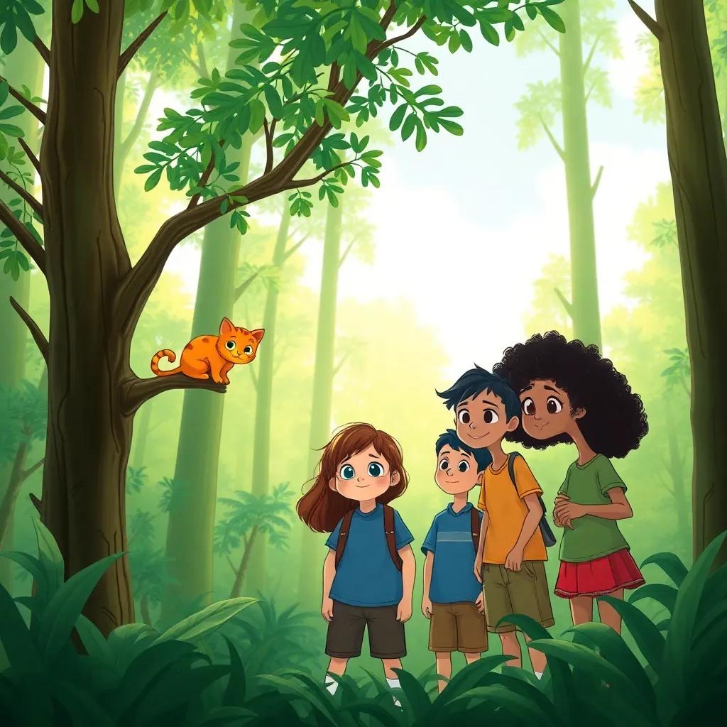 A lush green forest with tall trees and a small orange cat stuck in a branch, surrounded by three friends: a girl with long brown hair in a red dress, a boy with short black hair in a blue shirt, and a girl with curly black hair in a green shirt, illustration, vibrant, adventurous, child-friendly