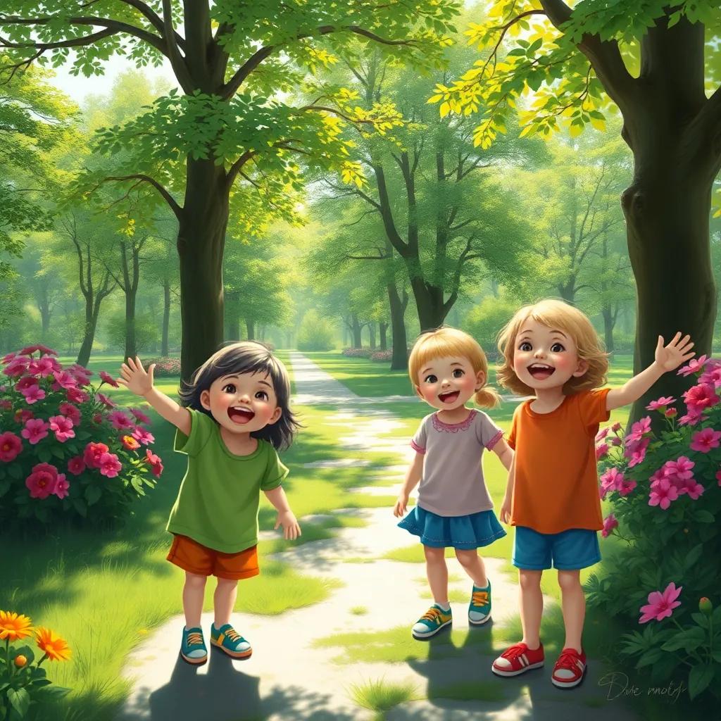 A lush green park with four children gathered, enthusiastic expressions, bright sunlight, trees and flowers surrounding, digital art, vibrant colors, cheerful atmosphere, high quality