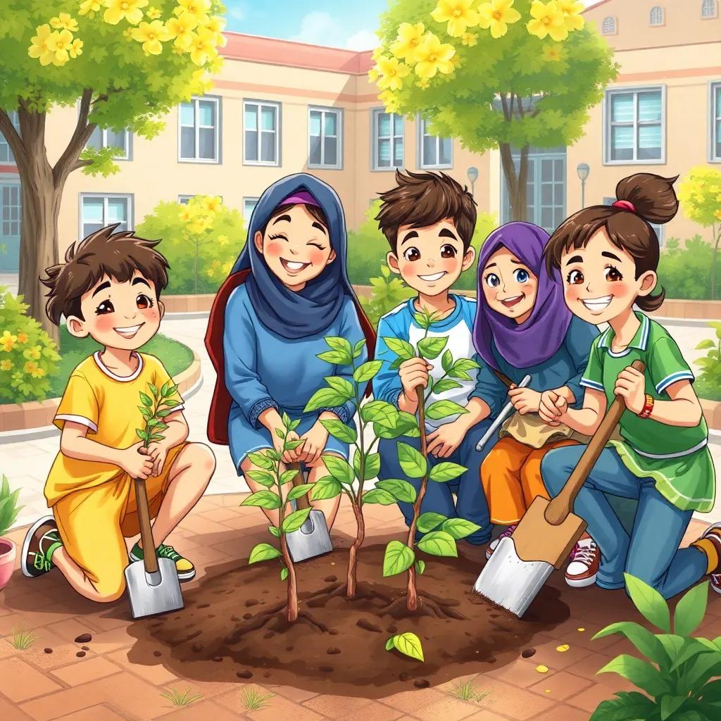 Four friends, Samy, Leila, Youssef, and Rana, planting small trees in a schoolyard, smiles on their faces, tools in hand, sunny day, greenery around, illustration, joyful, community oriented, child-friendly