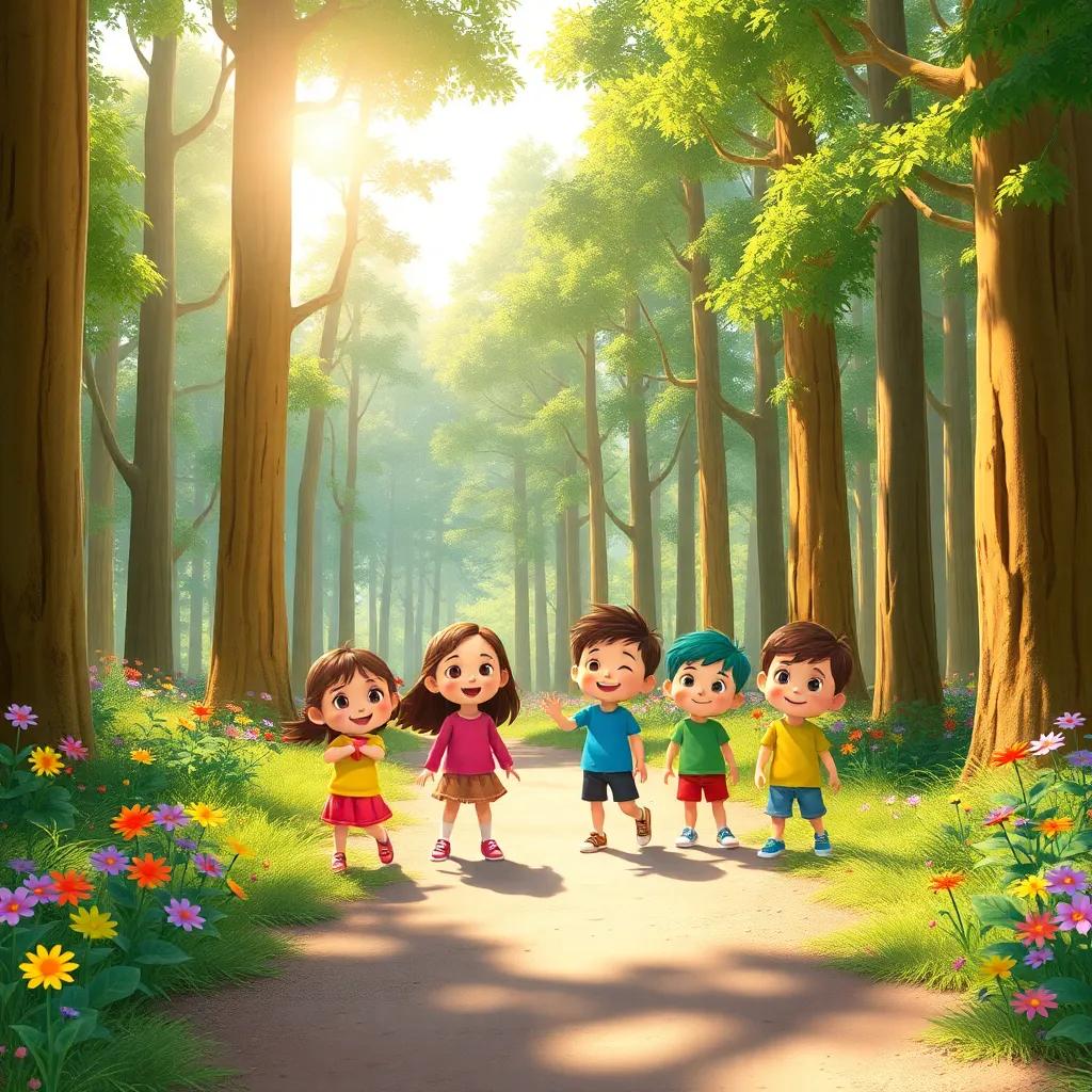 A sunny forest with tall trees and colorful flowers, a group of happy children wearing colorful clothes, cheerful atmosphere, digital art, vibrant colors, inviting scene, warm light, high quality