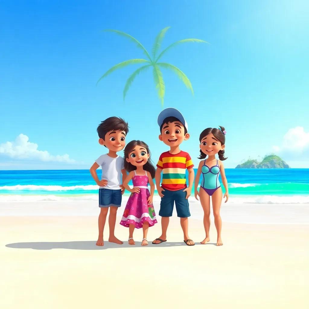 A sunny beach with four children, Rami (Middle Eastern boy, 11, wearing shorts and a t-shirt), Leila (Middle Eastern girl, 10, wearing a colorful dress), Adel (Middle Eastern boy, 11, wearing a cap and jeans), Noura (Middle Eastern girl, 10, wearing a swim suit), excitedly discussing a nearby island, digital art, vibrant colors, cheerful atmosphere, high quality