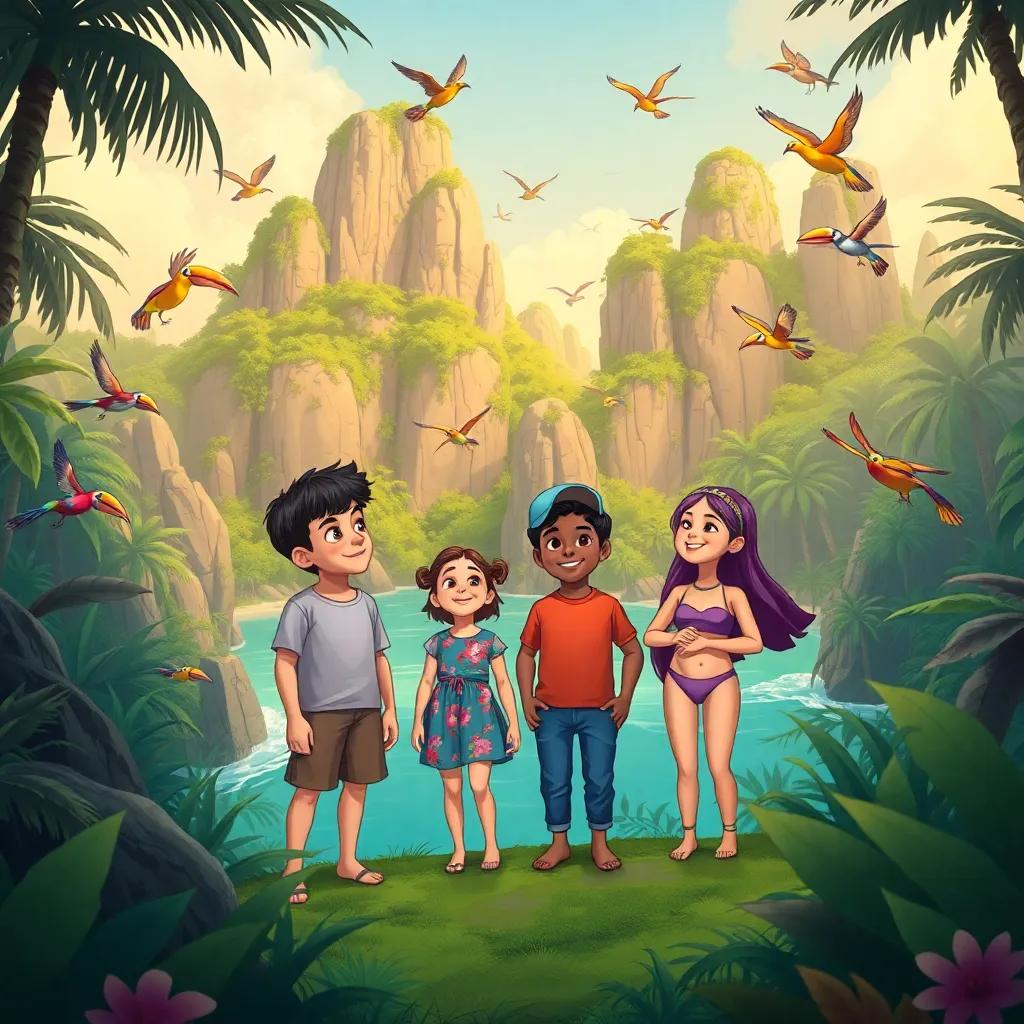 A dense jungle on the mysterious island with exotic birds flying around, four children, Rami (Middle Eastern boy, 11, wearing shorts and a t-shirt), Leila (Middle Eastern girl, 10, wearing a colorful dress), Adel (Middle Eastern boy, 11, wearing a cap and jeans), Noura (Middle Eastern girl, 10, wearing a swim suit), facing towering rocks and laughing together, illustration, vibrant details, adventurous theme, high quality