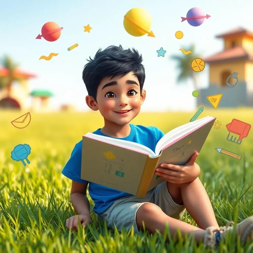 A young Arab boy, Sami, with short black hair, wearing a blue t-shirt and beige shorts, sitting on the grass with a big math book open, colorful illustrations around him, digital art, bright colors, cheerful atmosphere, high quality