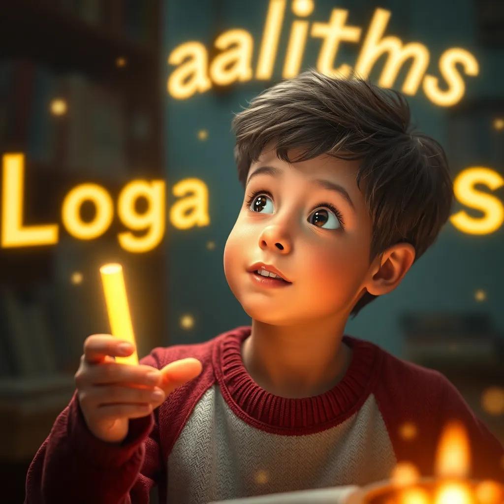 Sami discovering the word 'logarithms' in a magical way, with glowing letters around him, a warm light illuminating his face, detailed digital painting, inviting scene, child-friendly
