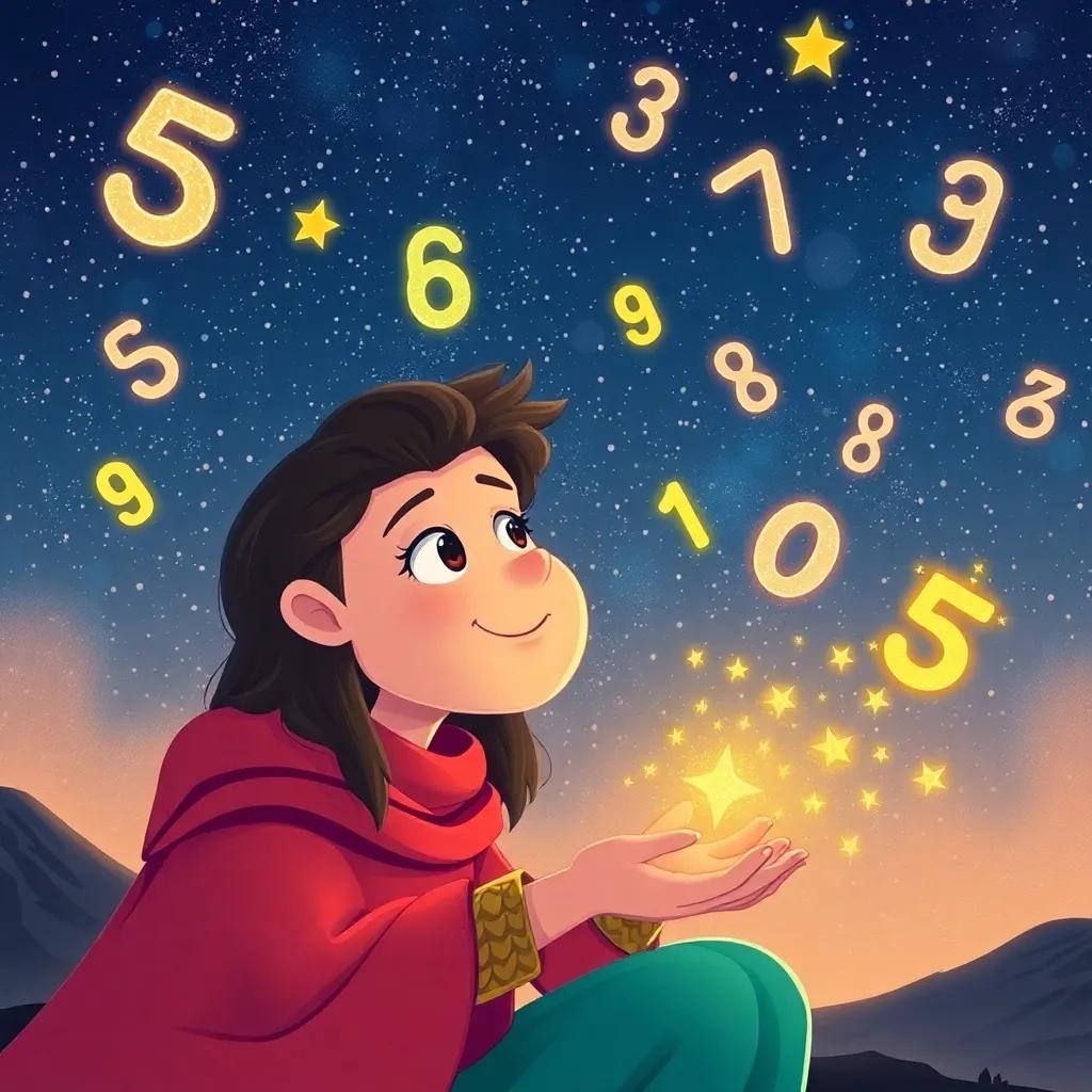 Sami learning about powers, with numbers and symbols floating in the air like stars, a dreamy night sky in the background, whimsical style, creative illustration, vibrant colors