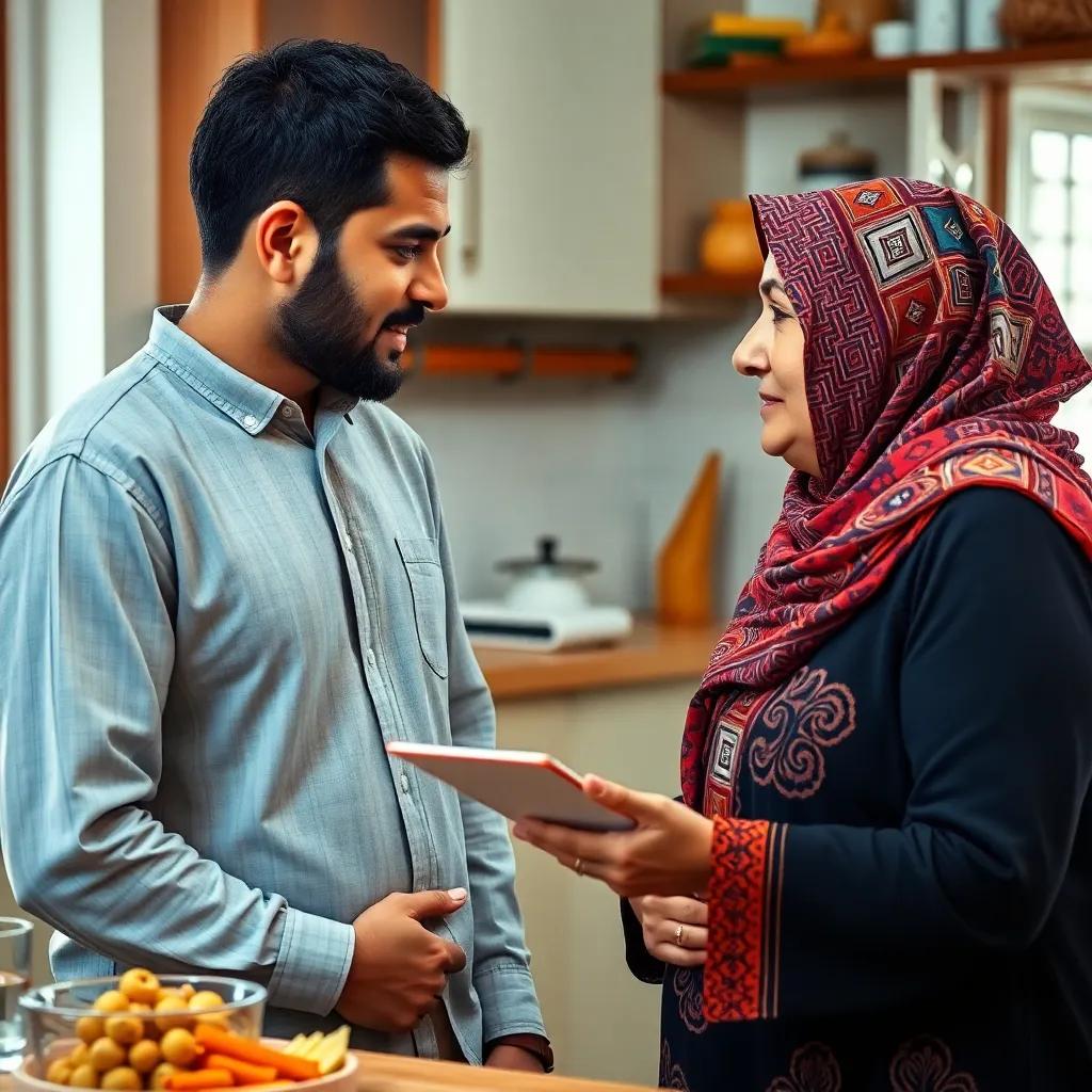 Sami talking to his mom, a kind Arab woman in a colorful hijab, explaining the importance of logarithms, with a cozy kitchen in the background, warm colors, heartwarming scene