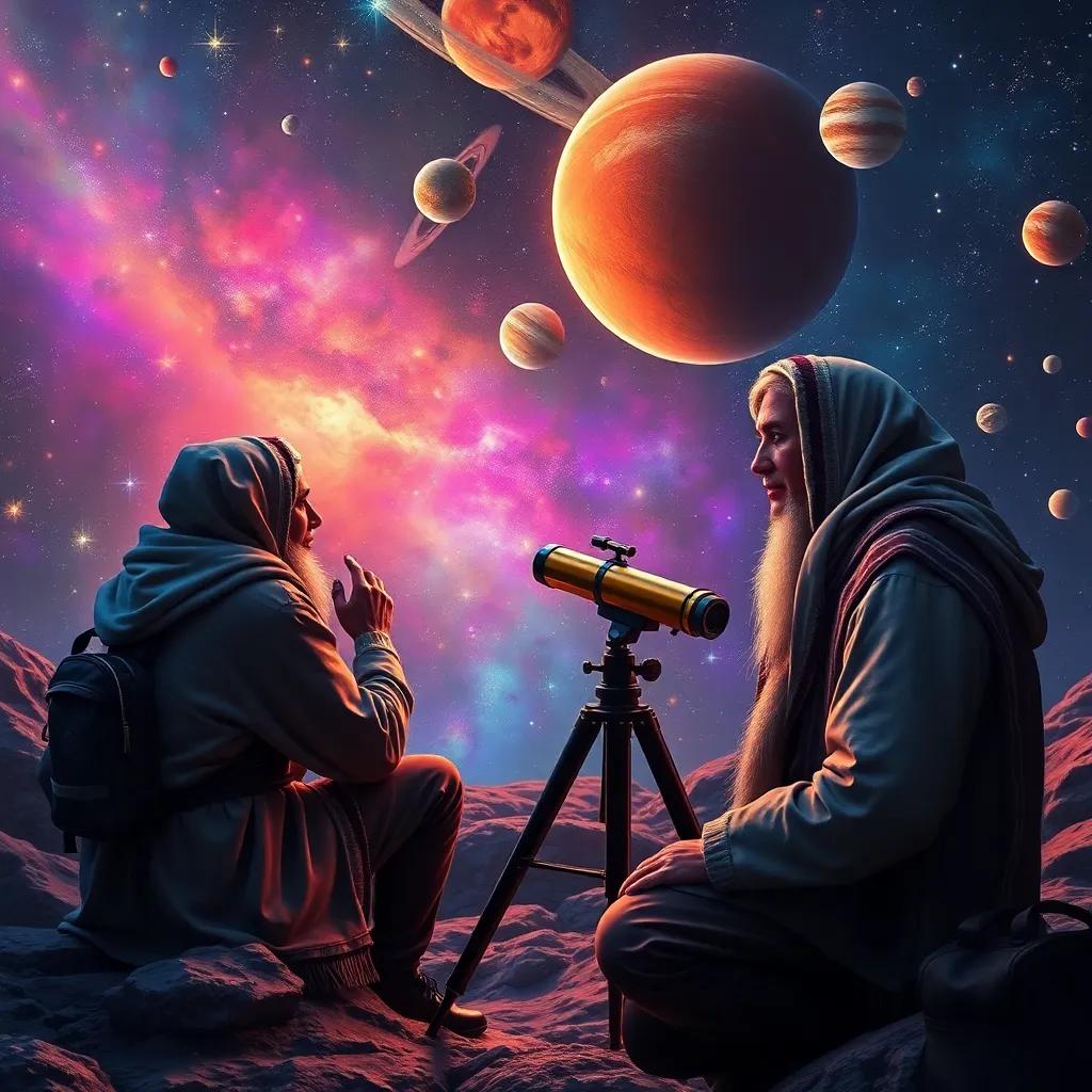 Sami imagining astronomers using logarithms in space, with planets and stars around and a telescope, vibrant cosmic colors, fantastic atmosphere, detailed art