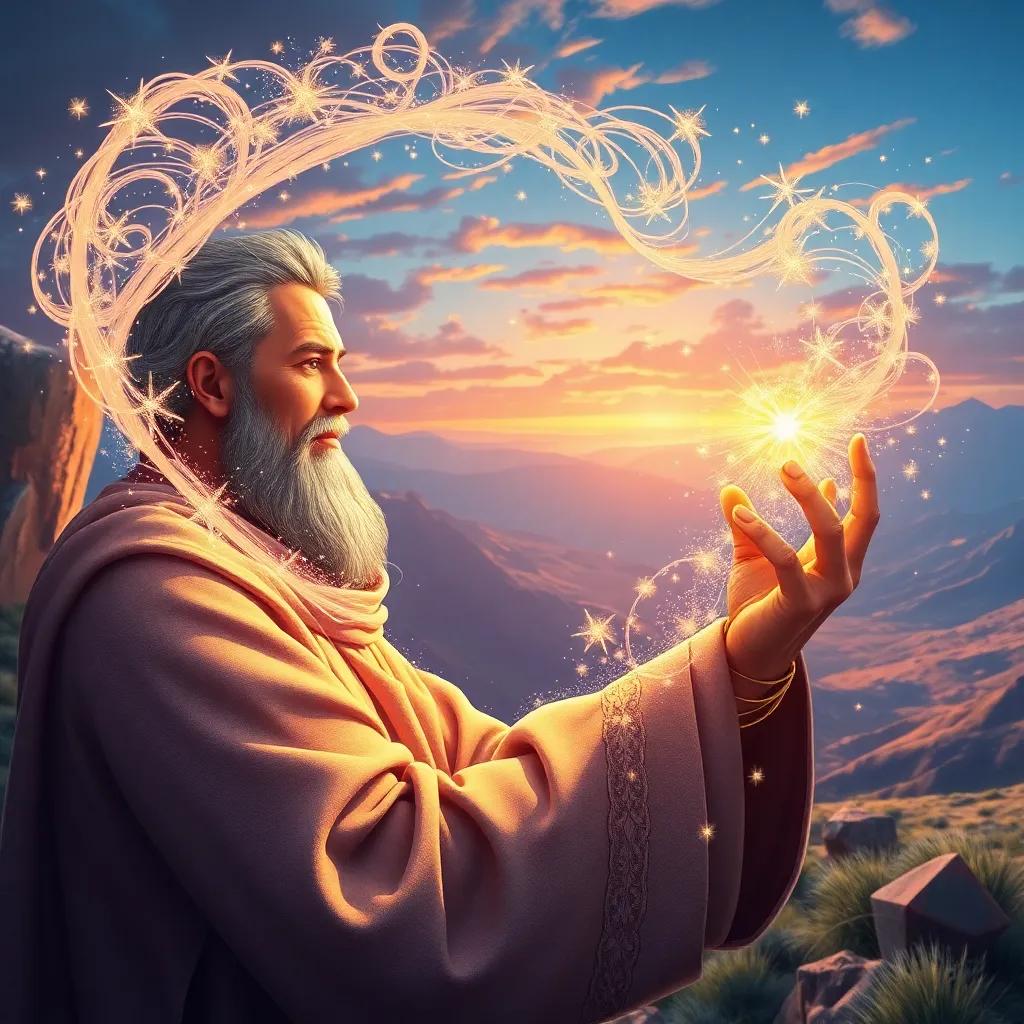 Sami describing logarithms as magic, with sparkles and swirls around him, a beautiful landscape in the background, bright and enchanting illustration