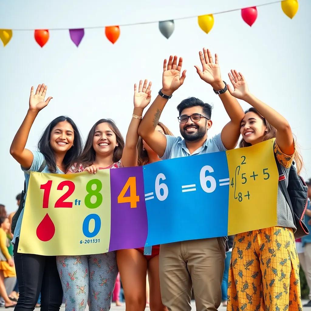 Friends joining together in celebration of numbers, with smiles and high-fives, holding colored banners of numbers and equations, joyful atmosphere, colorful scene