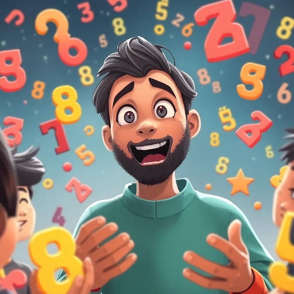 Sami explaining the magic of numbers to his friends, with his face filled with excitement and wonder, surrounded by animated numbers and shapes, engaging illustration