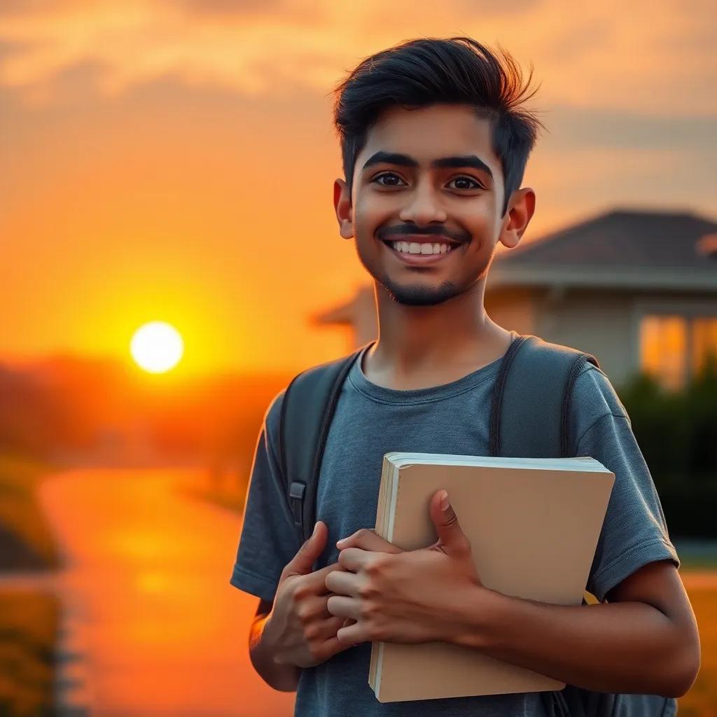 Sami returning home, looking determined and happy, clutching his math book, with a bright sunset in the background, warm and uplifting vibe, high-quality art