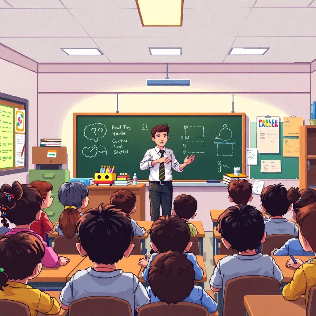 A classroom filled with eager students, a male teacher standing by a blackboard, explaining with enthusiasm, warm and inviting light, colorful classroom resources, child-friendly, digital art, educational theme, high quality