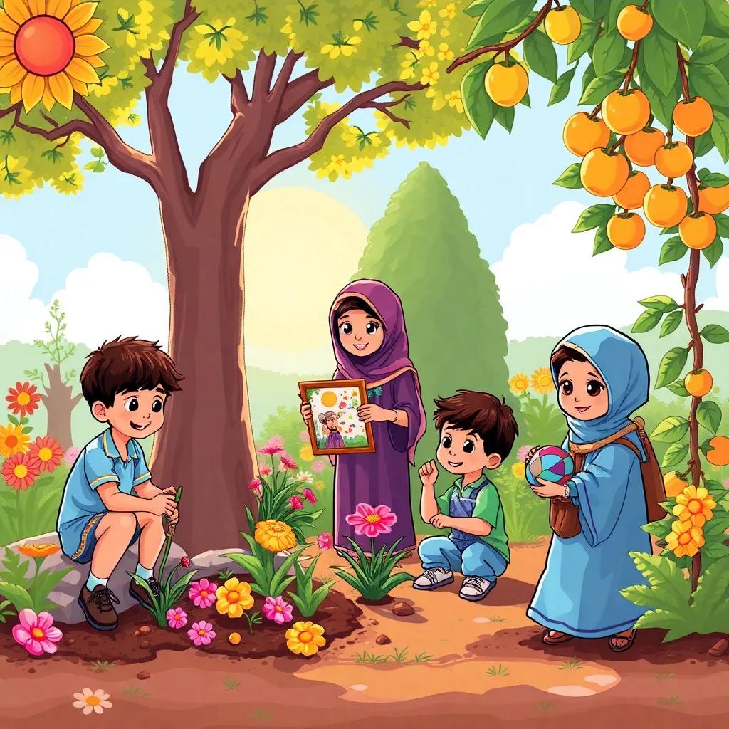 A sunny garden with children, Zaid planting flowers, Sara painting a picture, Ali playing with a ball, and Fatima collecting fruits from trees, vibrant colors, cheerful atmosphere, child-friendly, illustration, engaging scene, high quality