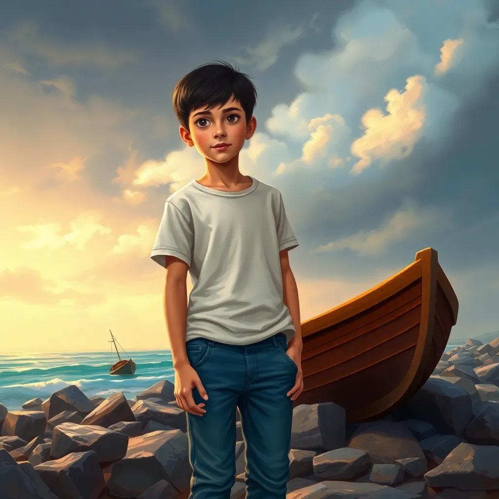 A young boy, Sami, with short black hair, wearing a simple t-shirt and jeans, looking determined while standing on a rocky beach with a small boat, under a cloudy sky, digital art, vibrant colors, hopeful atmosphere, high quality