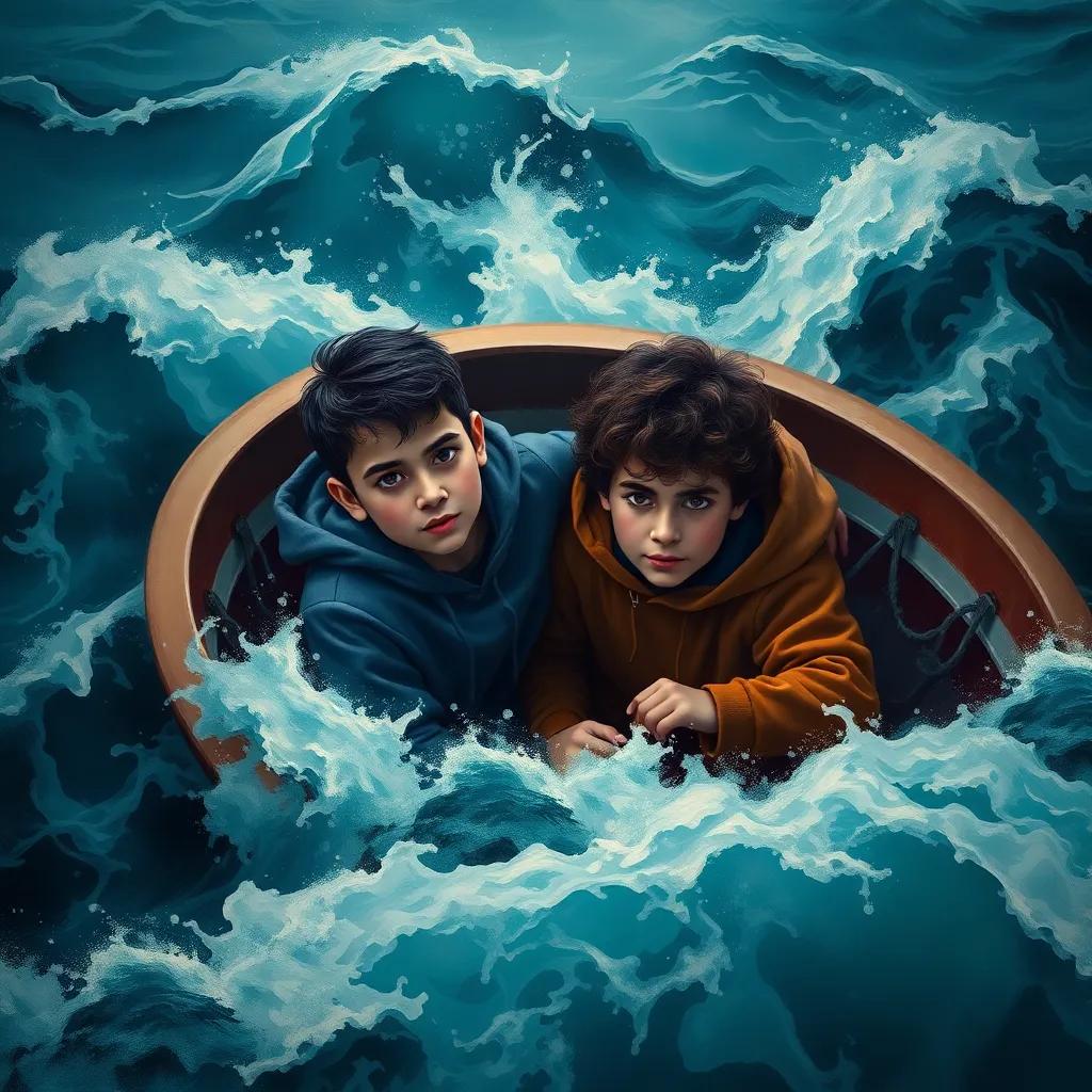 A young boy, Sami, with short black hair, in a small boat surrounded by rough sea waves, looking brave while holding onto his friend Karim, who has curly hair and wears a hoodie, dramatic lighting, intense colors, perspective from above, high quality