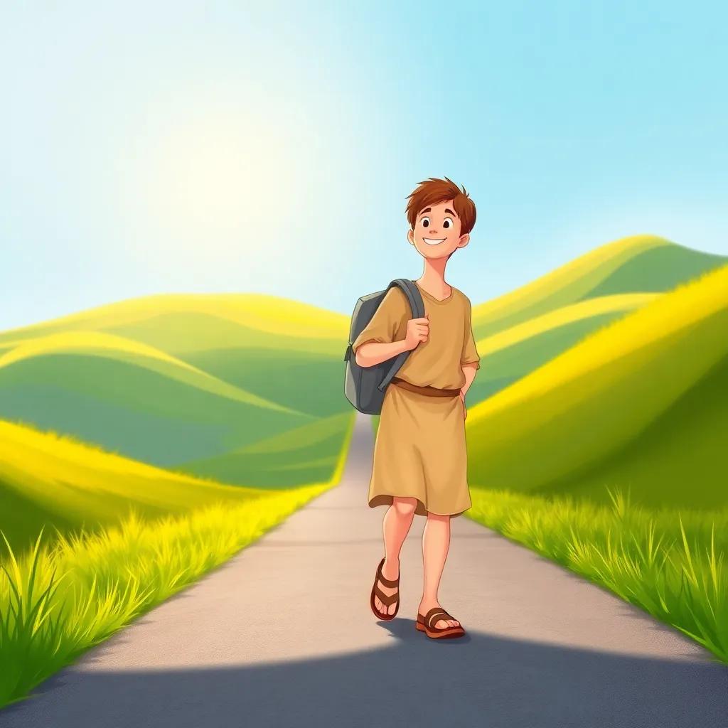 A traveler, a young male wearing a beige tunic and brown sandals, on a long road surrounded by green hills, carrying a backpack and smiling at the hope of adventure, bright morning light, digital art, vibrant colors, cheerful atmosphere, high quality