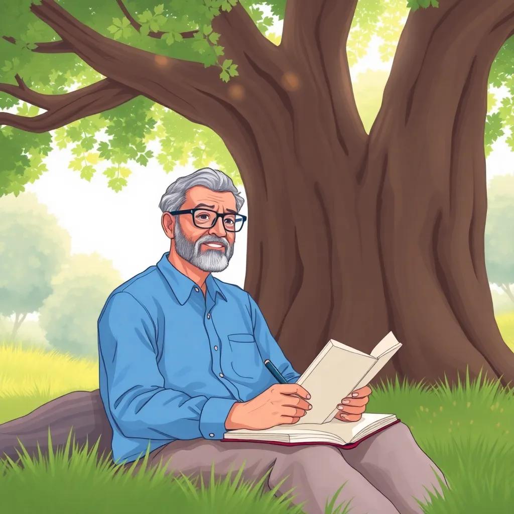 A writer, a middle-aged Arab man, wearing a blue shirt and glasses, sitting under a large tree with a notebook and pen, surrounded by nature, calm and inspiring setting, soft sunlight, high-resolution illustration