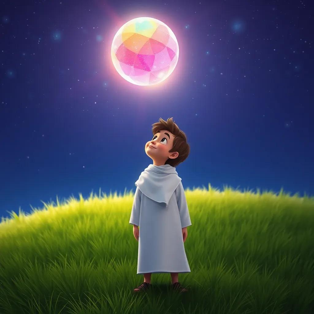 A young Arab prince, Ismail, with short brown hair wearing a traditional white thobe, standing on a grassy hill at night, looking up at a colorful alien, sparkling in vibrant shades that resemble a rainbow, starry sky above, digital art, enchanting, child-friendly, uplifting atmosphere