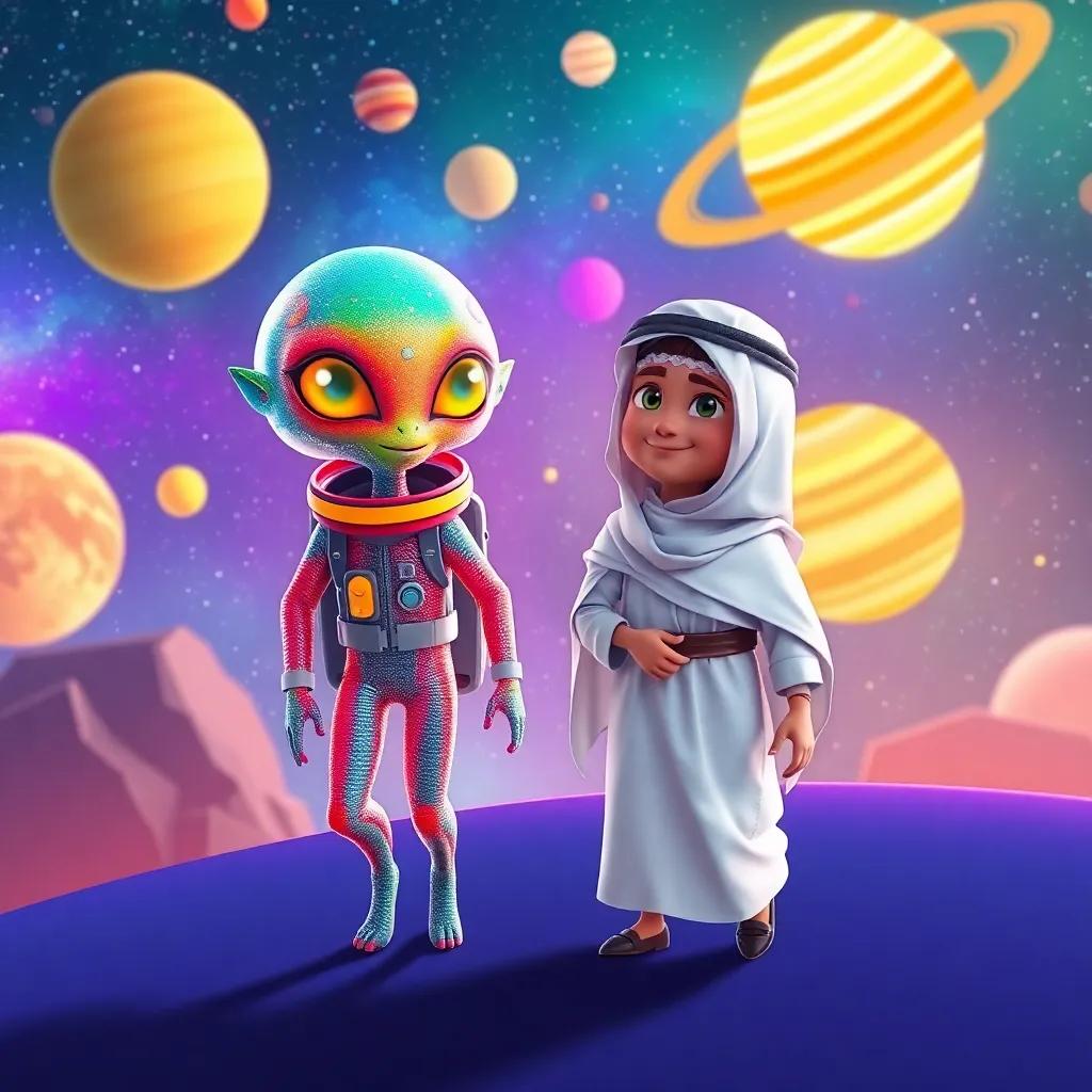 A colorful alien, Zuki, with shimmering skin, wearing a bright spacesuit, guiding Ismail, a young Arab prince in a white thobe, across a colorful fictional representation of the solar system, vibrant planets like Mars and Saturn visible, cheerful, adventure-themed, fantasy art