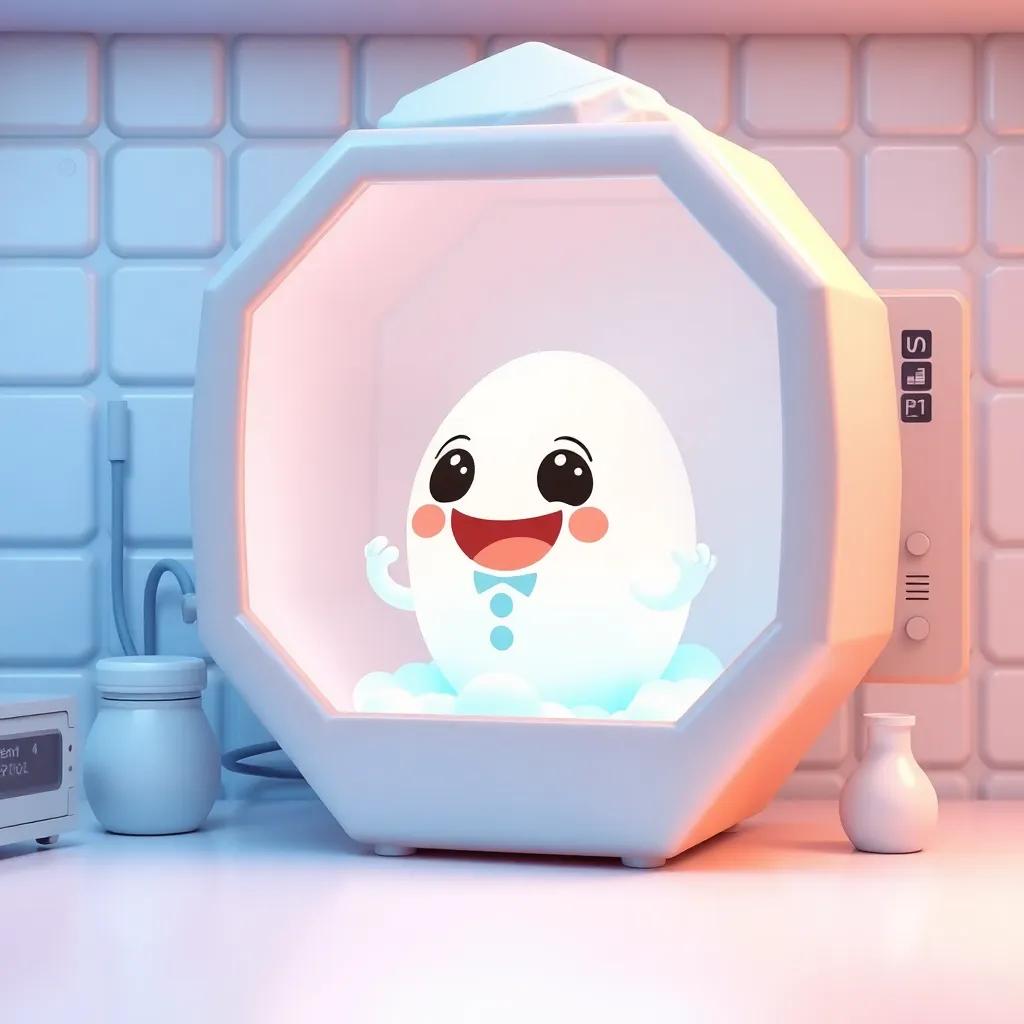 A friendly base named Zurka, living inside a white crystal in a small lab box, cheerful and vibrant, digital art, clean, bright colors, inviting atmosphere, child-friendly