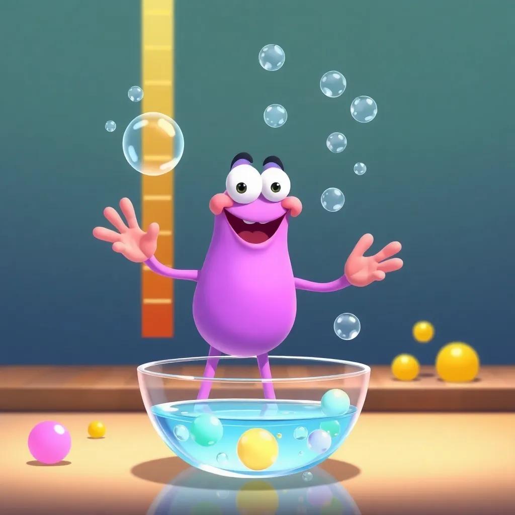 Zurka the base, happily releasing magic bubbles called hydroxide ions (OH⁻) into a bowl of water, with a pH scale in the background, colorful bubbles, cheerful scene, educational, high quality