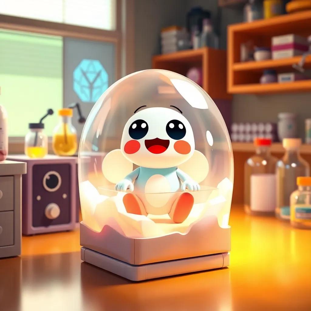 A cheerful laboratory scene featuring Zourqa, a kind and friendly base, living inside a white crystal inside a small box, digital art, bright colors, inviting atmosphere