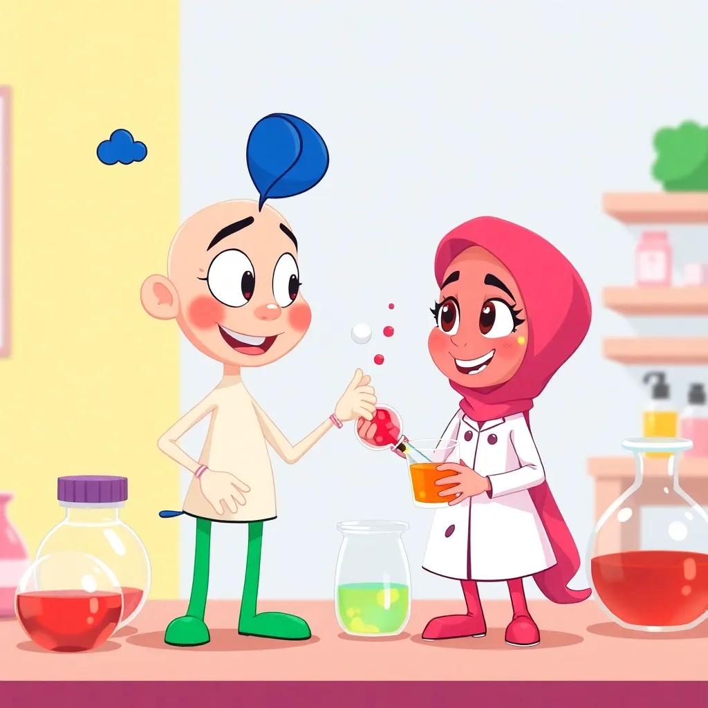 A lively interaction between Zourqa, the base, and Hamouda, an acidic friend known for her sharpness and love for red colors, cheerful chemistry lab, colorful, dynamic