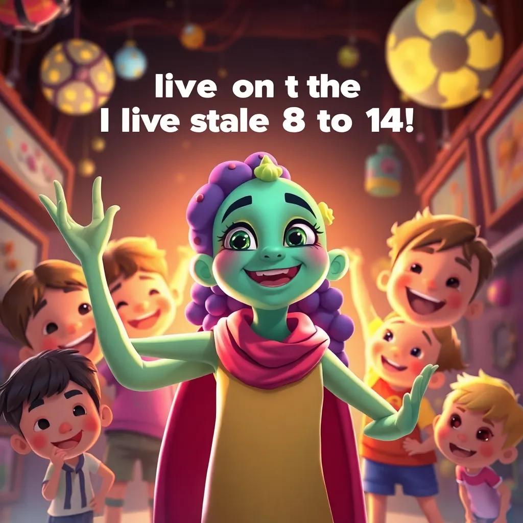 A depiction of Zourqa proudly stating, 'I live on the pH scale from 8 to 14!', with kids around her, exciting atmosphere, colorful, high-quality illustration