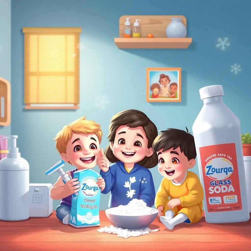 Children discovering Zourqa in everyday items like toothpaste, glass cleaner, and baking soda, smiling faces, colorful, informative, engaging imagery