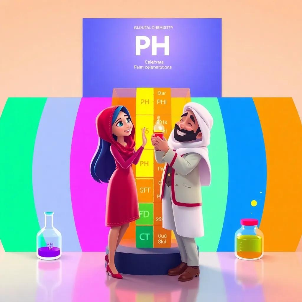 A large colorful scale showing pH levels with Zourqa and Hamouda interacting, celebrating chemistry, colorful, educational illustration, engaging