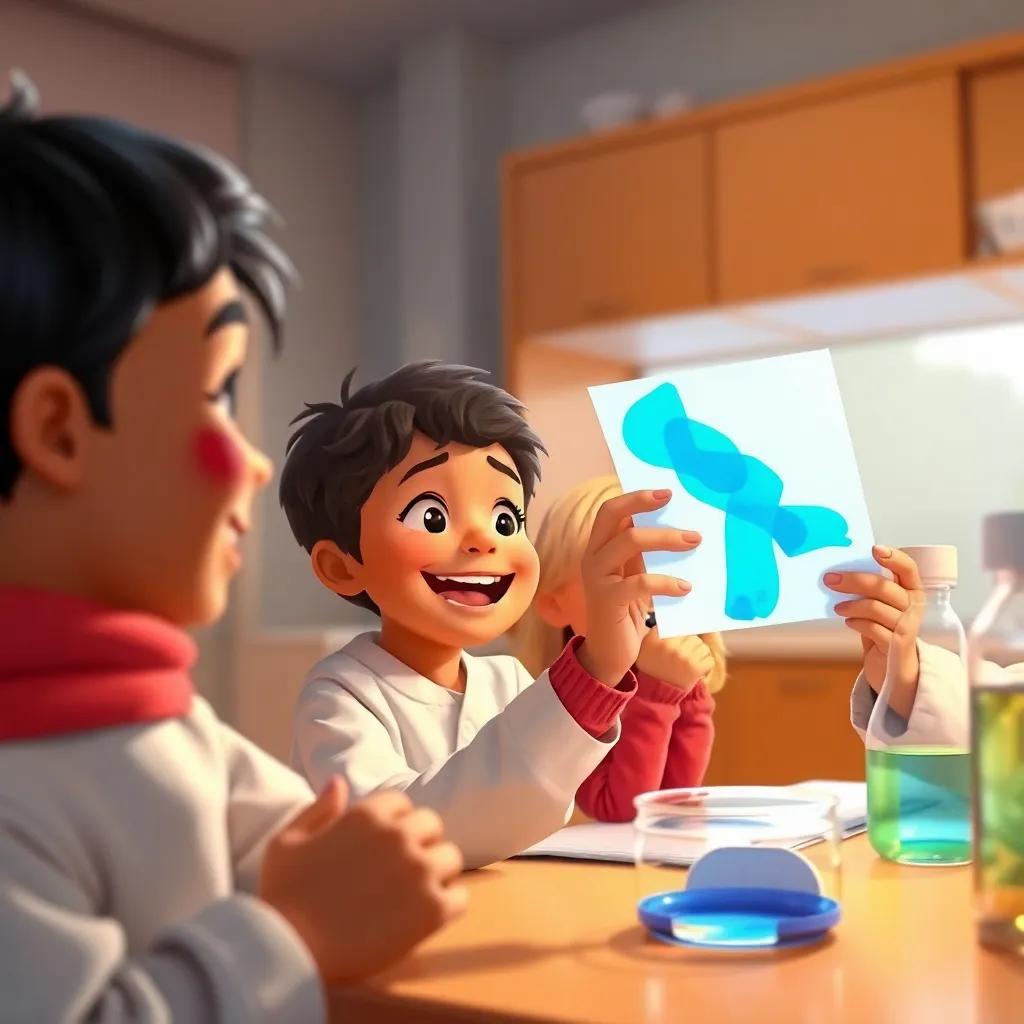 A heartwarming scene of children excitedly looking at a blue litmus paper in the lab, remembering their friend Zourqa, warm colors, smiling expressions, joyful
