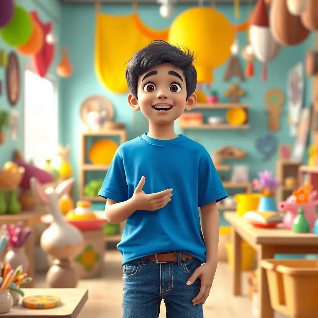 A young Arab boy, Ali, with short, black hair, wearing a blue t-shirt and jeans, excitedly telling his mother about his desire to create art in a bright workshop filled with colorful crafts, digital art, vibrant colors, cheerful atmosphere, high quality