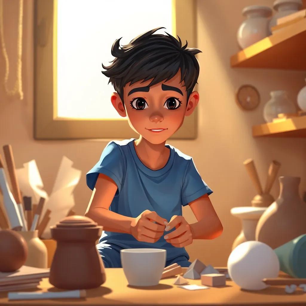 Ali, a young Arab boy, with short, black hair, wearing a blue t-shirt and jeans, diligently practicing his craft, surrounded by materials and unfinished projects, focused expression, warm sunlight coming through the window, digital illustration, inspiring, warm colors, high quality