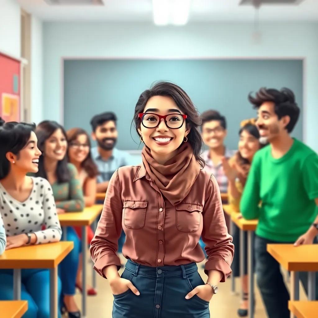 A lively classroom scene with students laughing and discussing, a middle-aged Arab female teacher, Leila, standing in front, wearing a casual shirt and glasses, smiling warmly, digital art, bright colors, inviting atmosphere