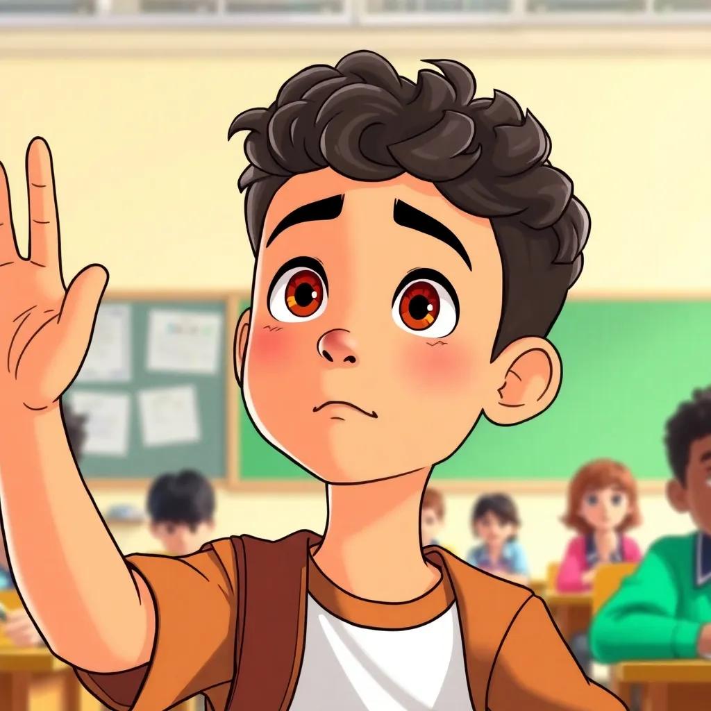 A close-up of a student named Sami with short, curly hair, looking curious, raising his hand in class, bright classroom background, illustration, colorful
