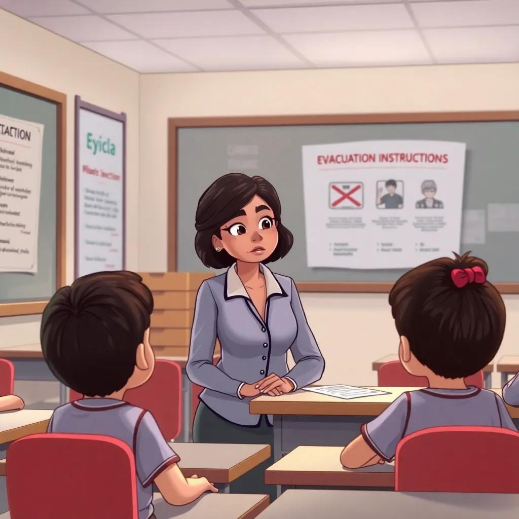 A classroom scene with the teacher, Leila, looking serious while explaining evacuation instructions to her students, engaging atmosphere, illustration, detailed