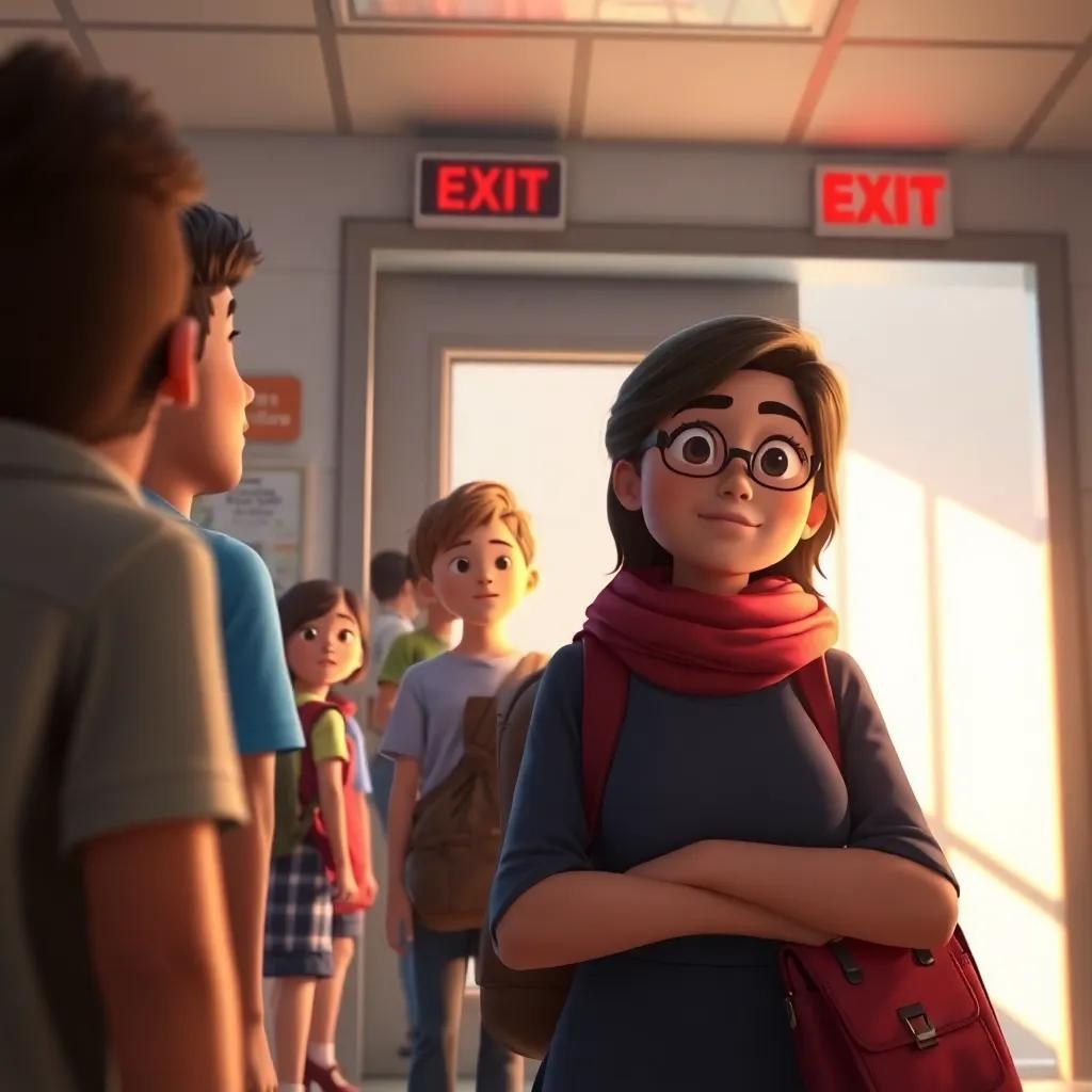 An urgent scene with students lining up towards the emergency exit, the teacher, Leila, directing them calmly, with a look of focus, digital art, warm light, dynamic