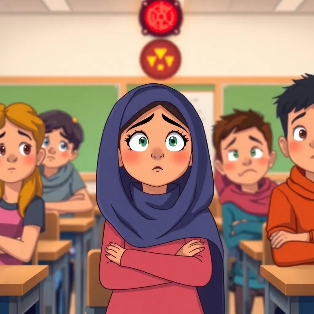 A worried classroom scene with students hesitating at the fire alarm sound, an Arab girl looking concerned, illustration, vibrant colors and emotion