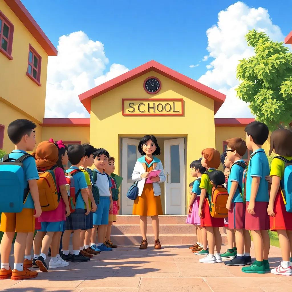 A gathering point outside the school with all students, including teacher Leila counting attendance, sunny and cheerful, digital art, open sky, bright and uplifting