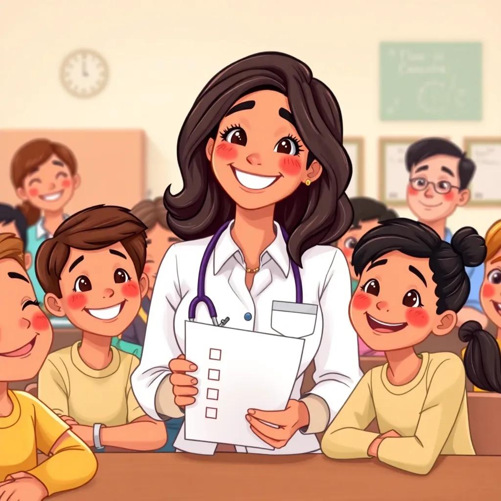 A teacher, Leila, smiling broadly at her class, holding a checklist, with students relaxed and happy around her, illustration, warm color palette