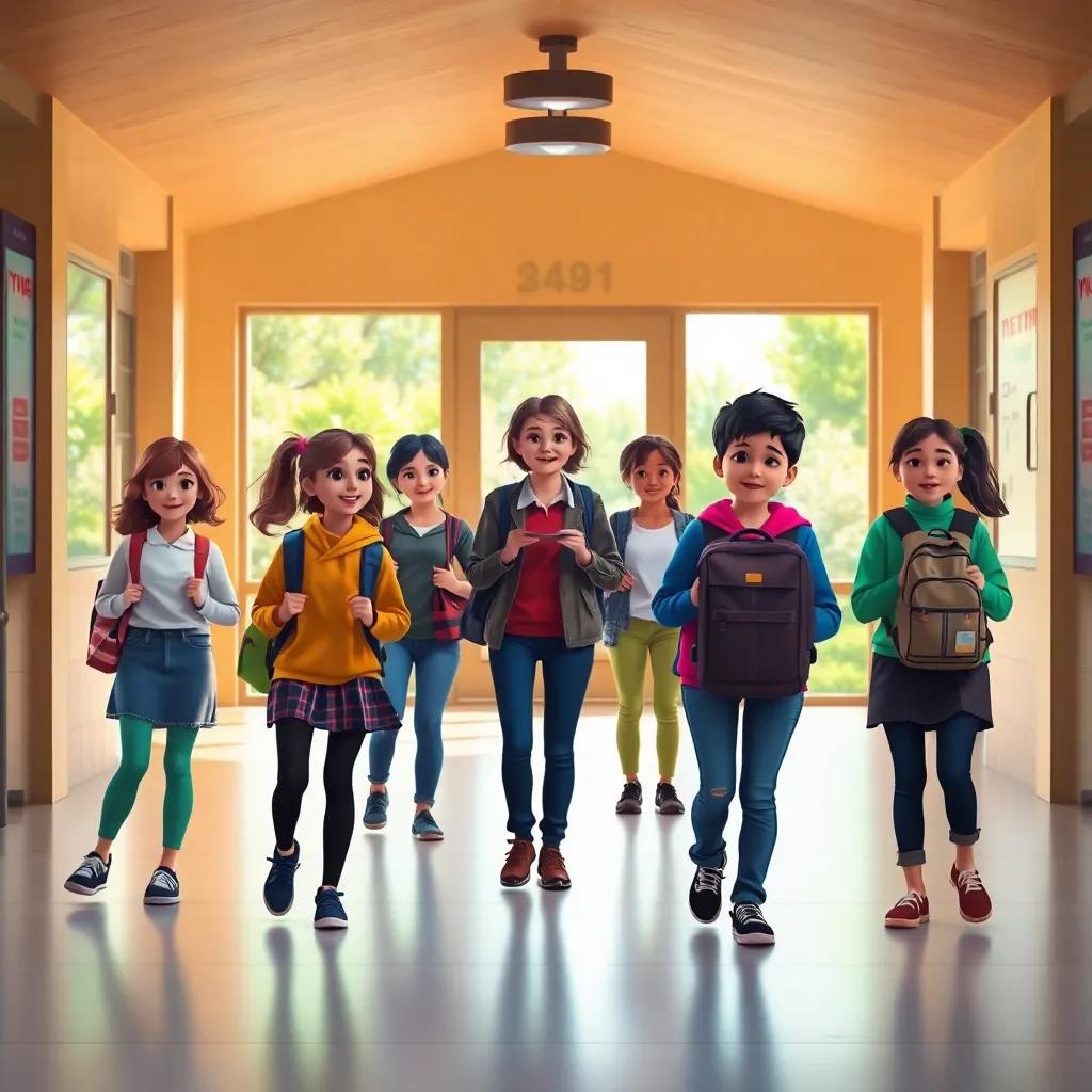 Students returning to the class calmly, teacher giving instructions, smiling faces, outdoor background, cheerful and inviting, digital painting, bright light