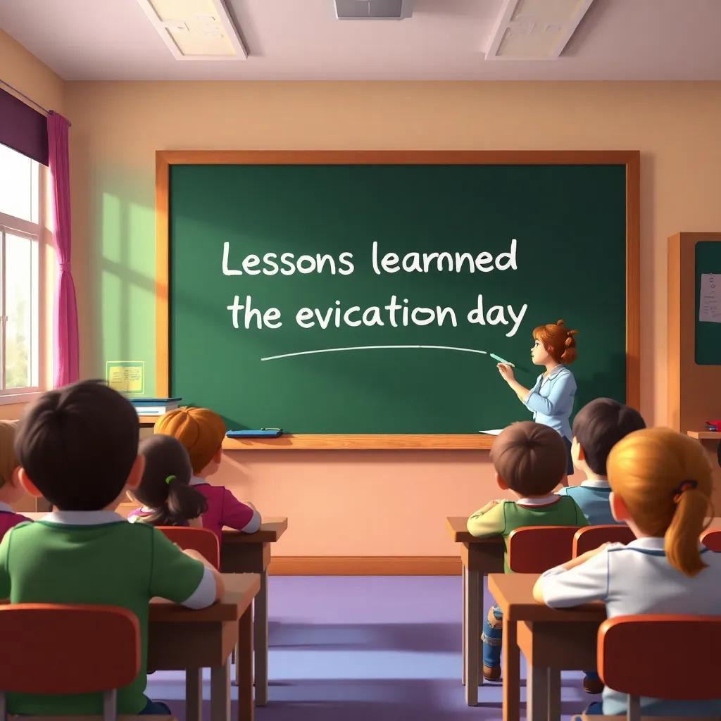 A classroom scene where the teacher writes on a blackboard: 'Lessons learned from the evacuation day', students eagerly watching, colorful classroom, vibrant mood.