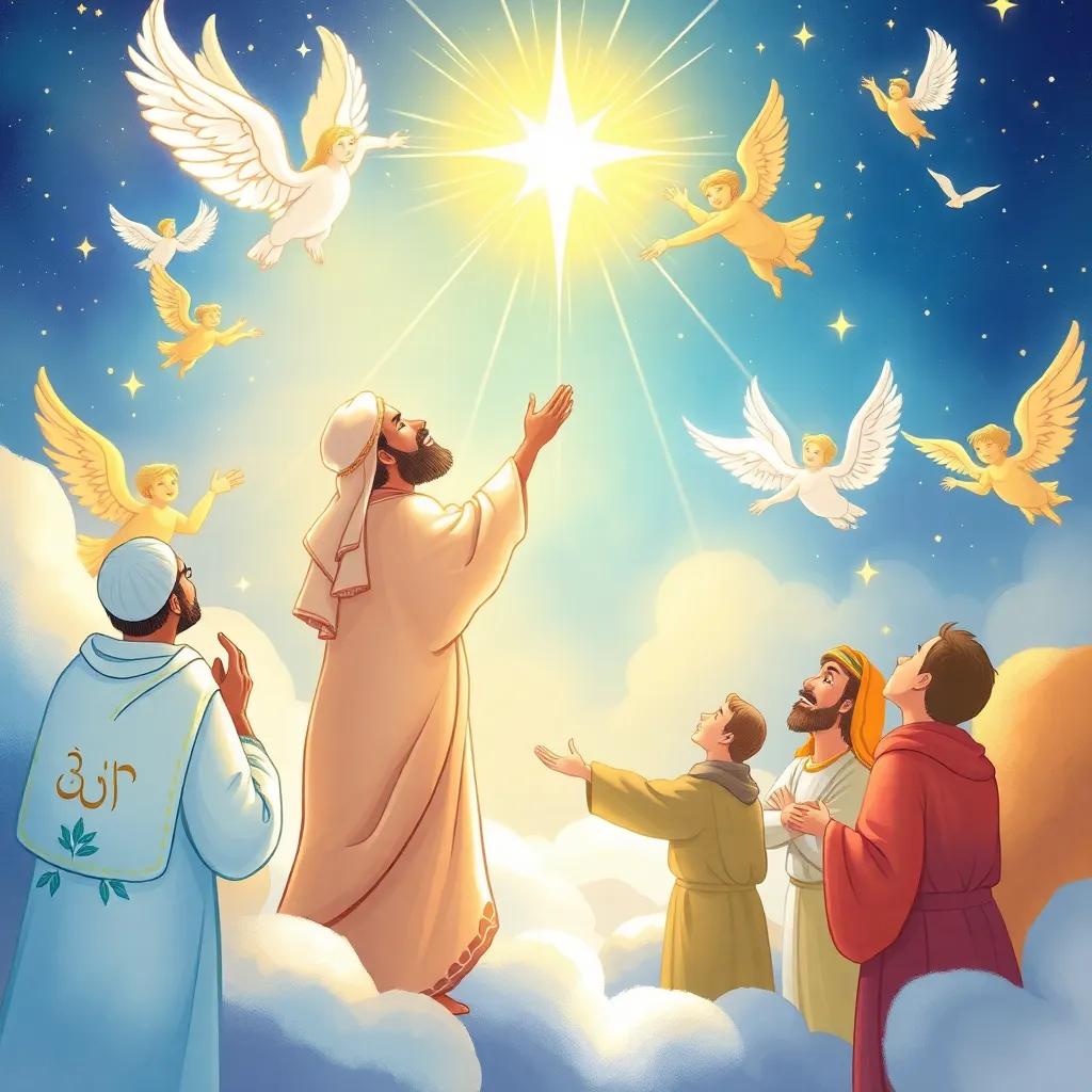 Prophet Muhammad ﷺ ascending to the heavens, surrounded by bright lights and angels, shaking hands with other prophets, feeling a sense of peace and reverence, illustration, magical and inspiring, child-friendly