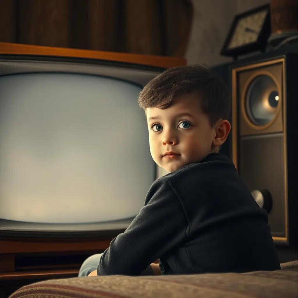A young boy, Sami, sitting in front of an old black and white TV, with a curious expression, nostalgic atmosphere, warm light, summary of the past, detailed, analogue aesthetics