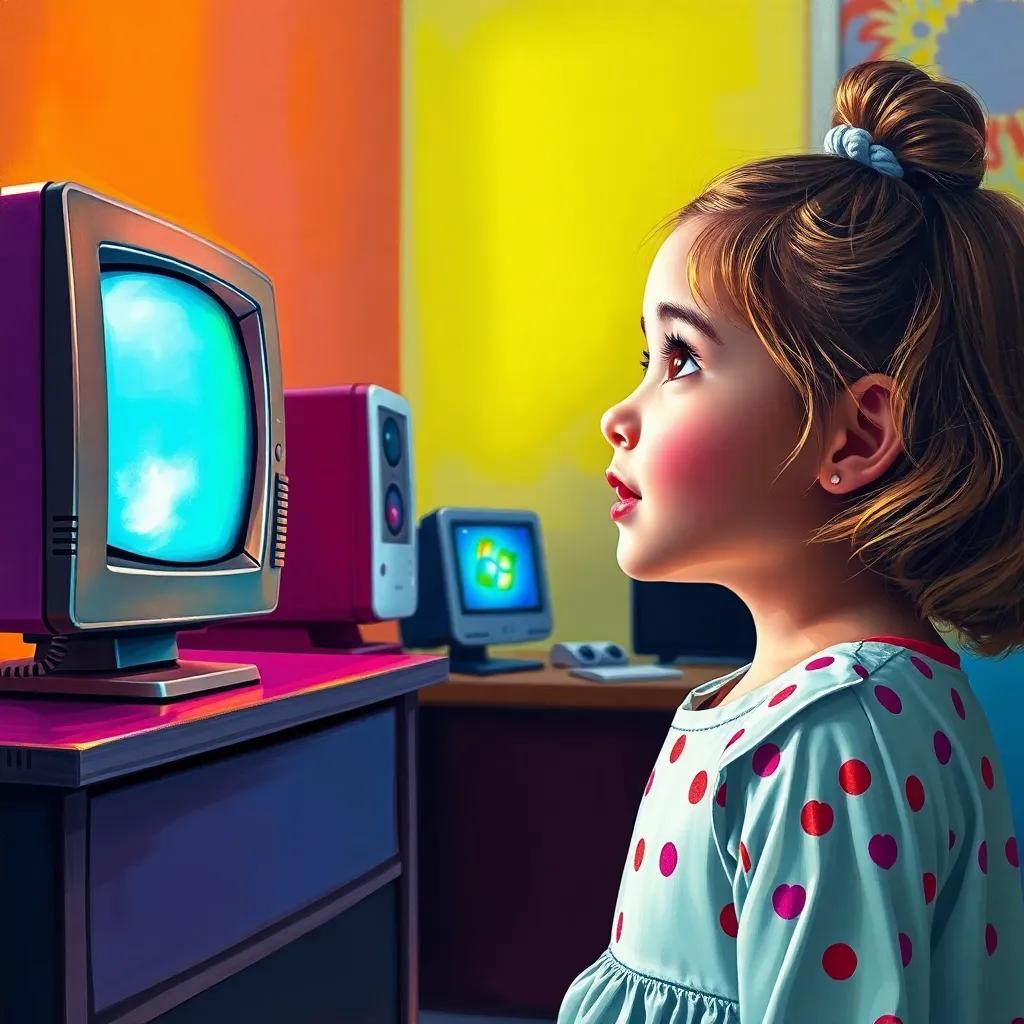 A young girl, Leila, looking amazed at a transformed screen from an old TV to a computer and then to a smartphone, bright and colorful setting, depicting evolution, joyful ambiance, modern style, child-friendly
